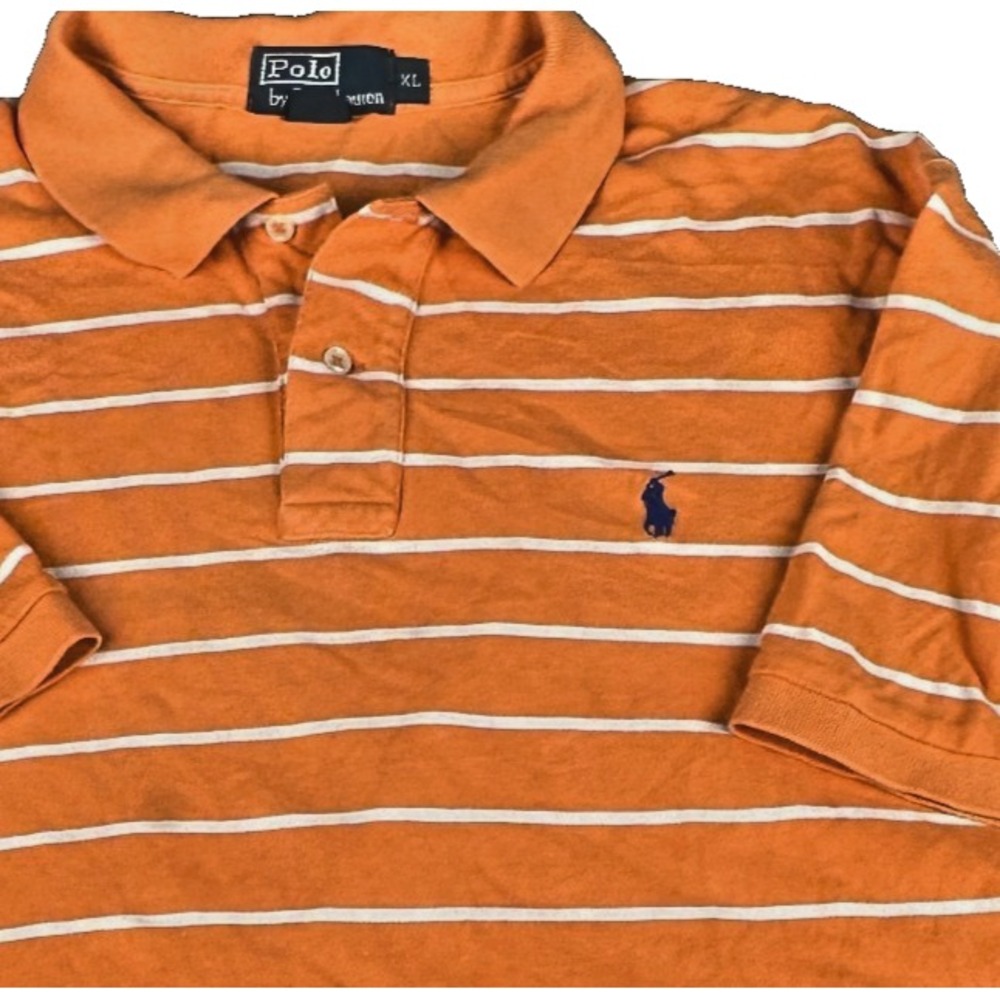 Polo Ralph Lauren Shirt Mens XL Orange White Striped Short Sleeve Polo Pique Cot